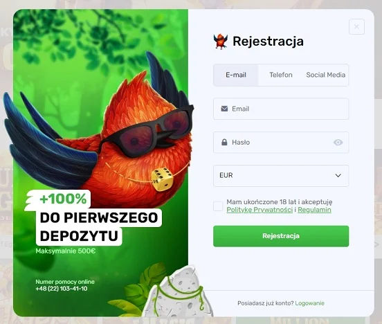 Formularz rejestracyjny Kasyno Lucky Bird