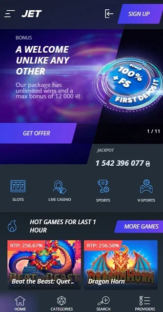 Mobilna wersja Jet kasyno